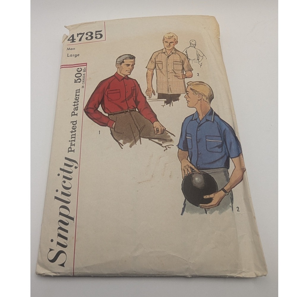 Simplicity 4735 Mens Action Back Shirt Sewing Pattern Large Button Down Uncut